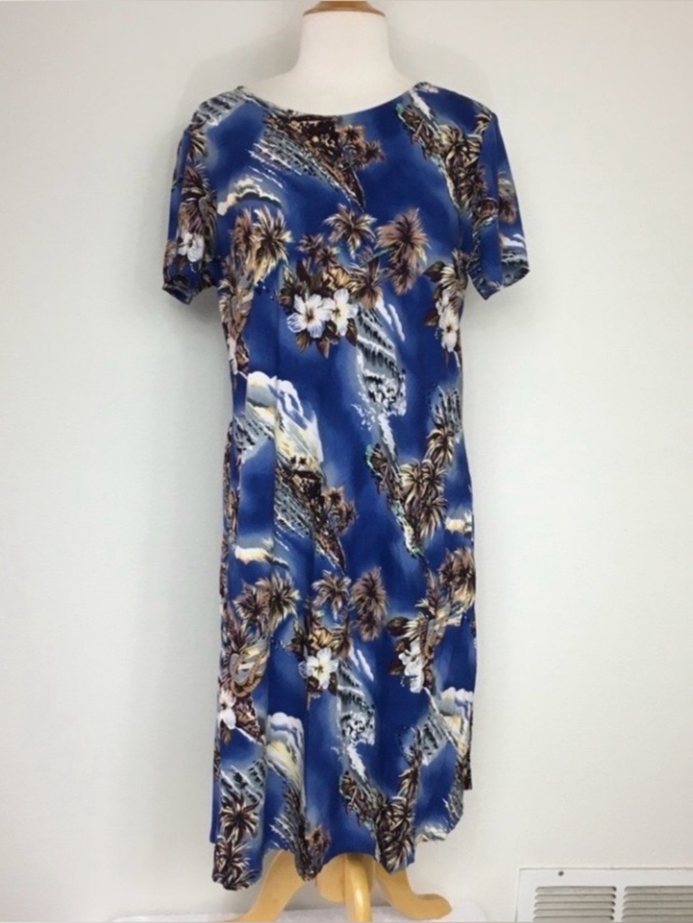 Vintage Hilo Hattie Womens Blue Hawaiian Floral Short Sleeve Shift Dress Size L